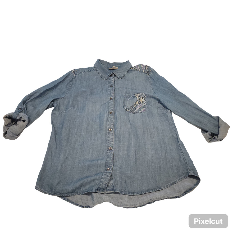 Vintage Style & Co Shirt Women L Blue Denim & Paisley Button Front Top